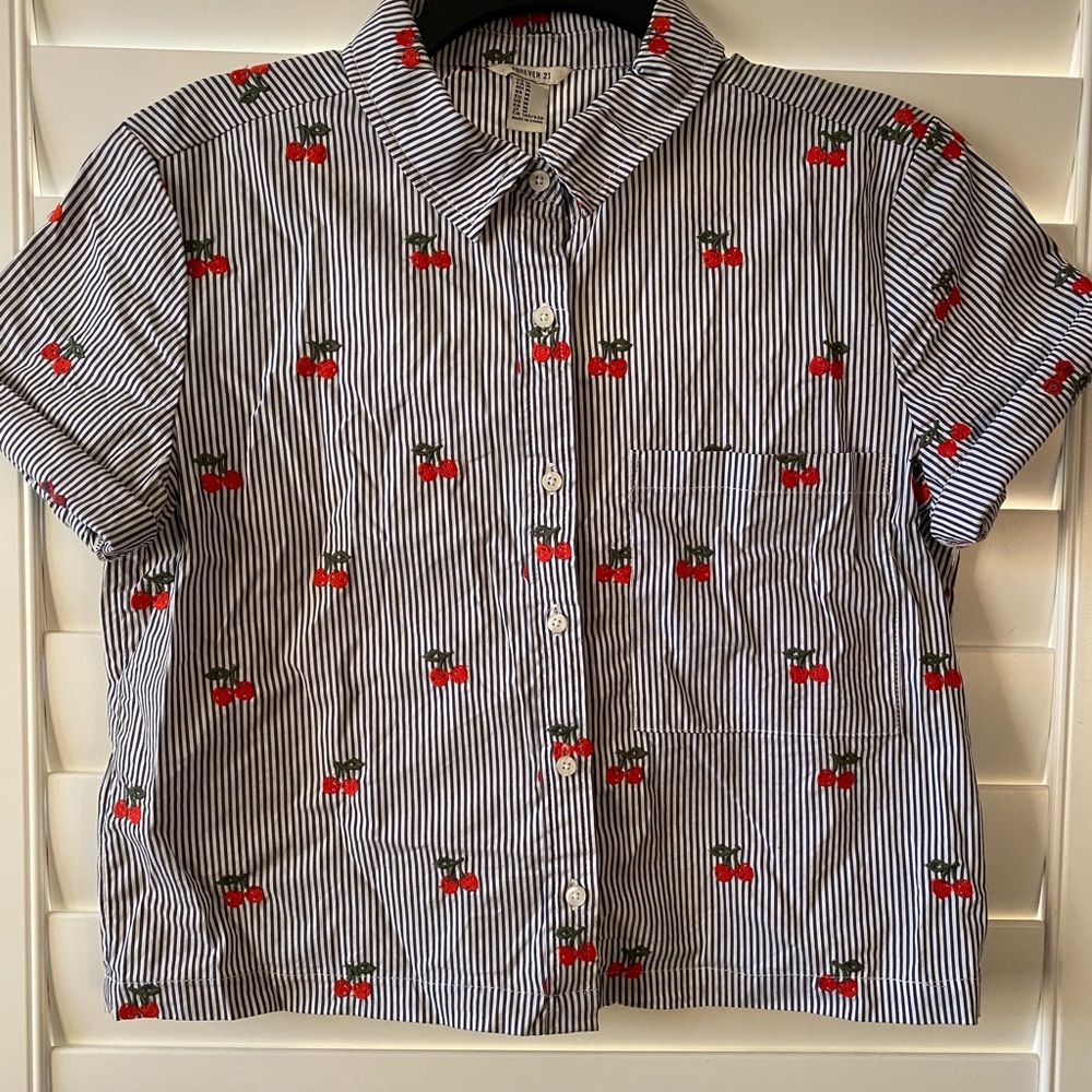 Blue and white pinstripe with cherries button up